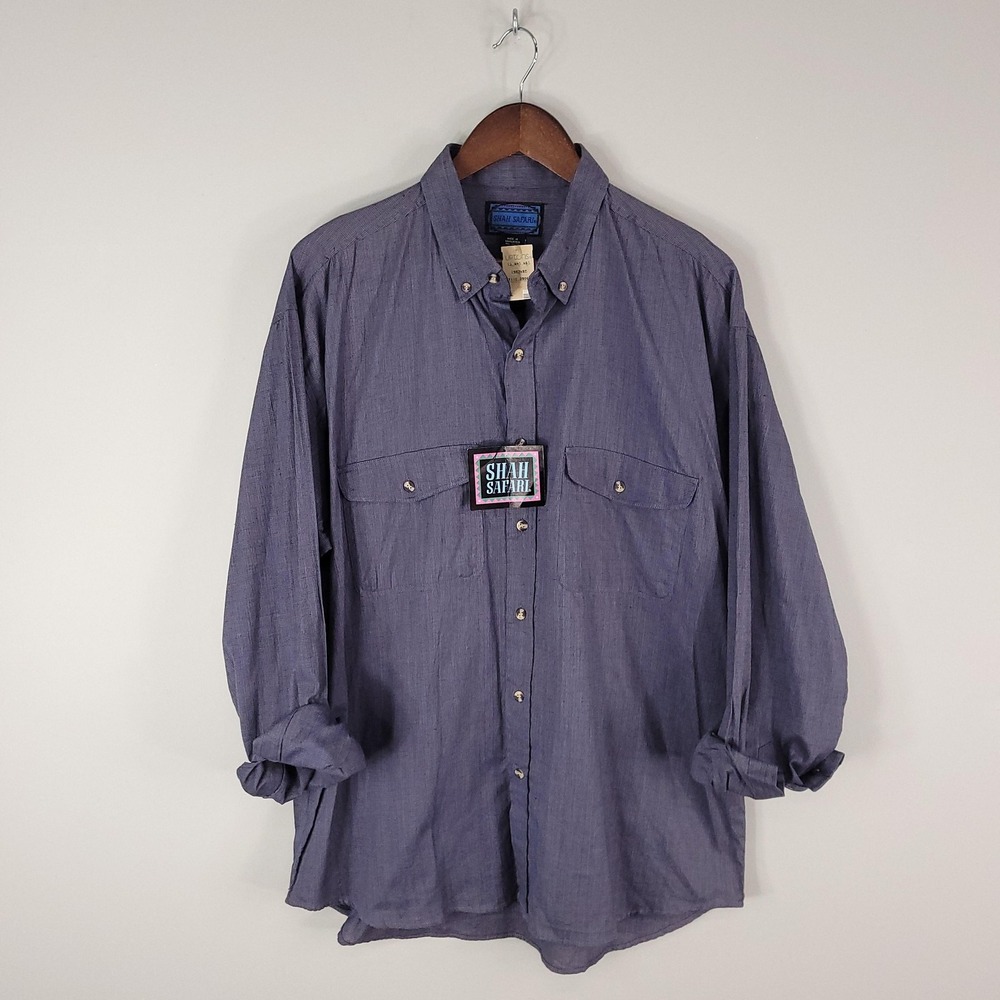 Shah Safari Shirt Mens XL Blue Button Up Long Sleeve Pocket NWT Cotton 80s 90s